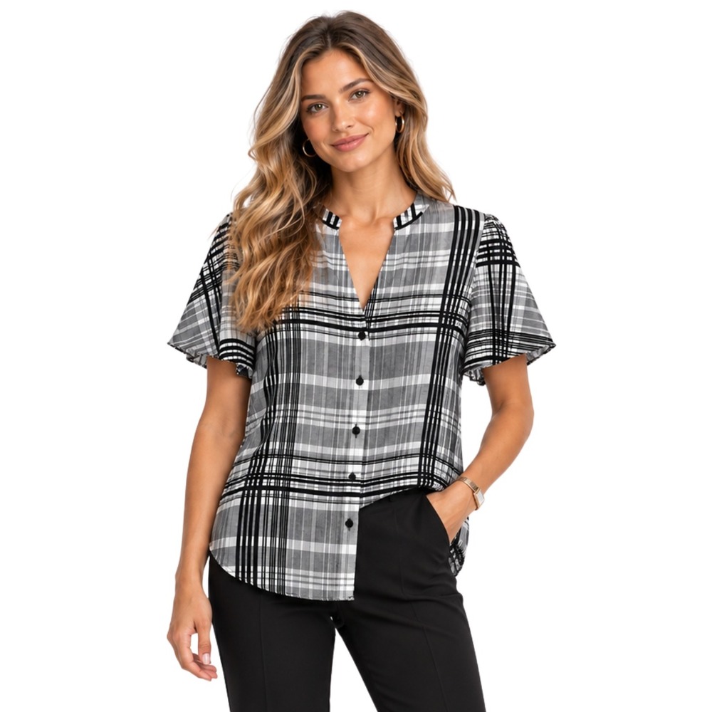 Diane von Furstenberg Top Womens 8 Black White Silk Plaid Button Front Blouse